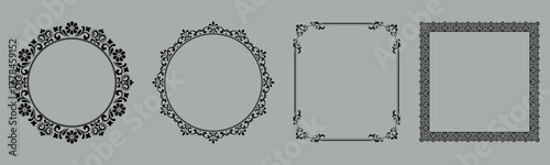 Set of decorative frames Elegant vector element for design in Eastern style, place for text. Floral black and gray borders. Lace illustration for invitations and greeting cards