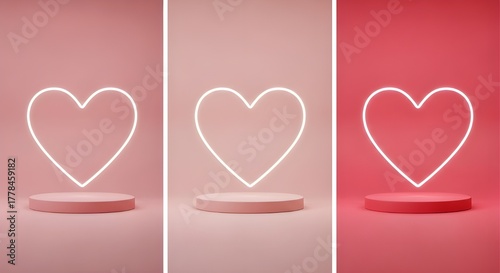 Set of three pink podiums with neon heart shapes for valentines day
