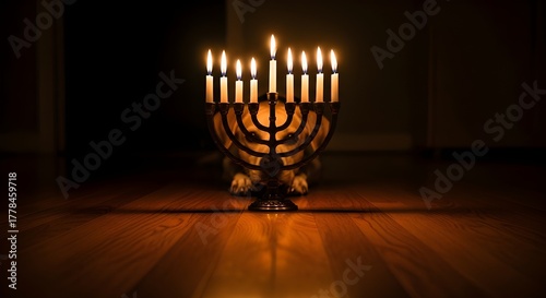 Hanukkah menorah with burning candles on wooden floor in dark background