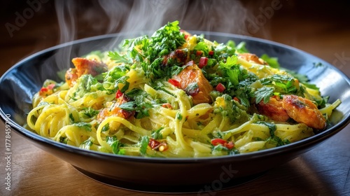 Steaming Hot Plate of Delicious Pasta with Fresh Herbs and Vegetables.