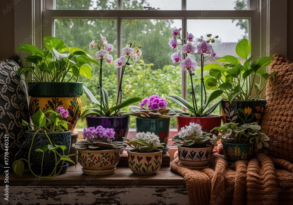 Fototapeta premium Vibrant indoor garden display featuring orchids and african violets on a window ledge