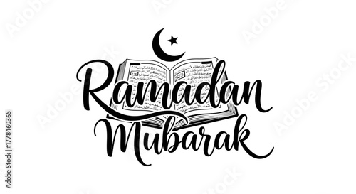 Ramadan mubarak greeting with holy quran, crescent moon and star