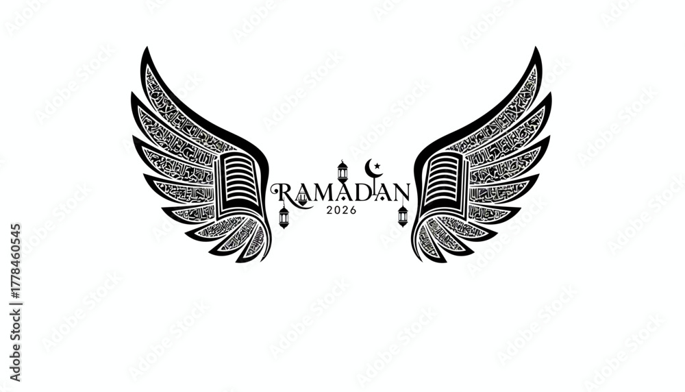 Fototapeta premium Ramadan 2026 islamic festival wings calligraphy vector design