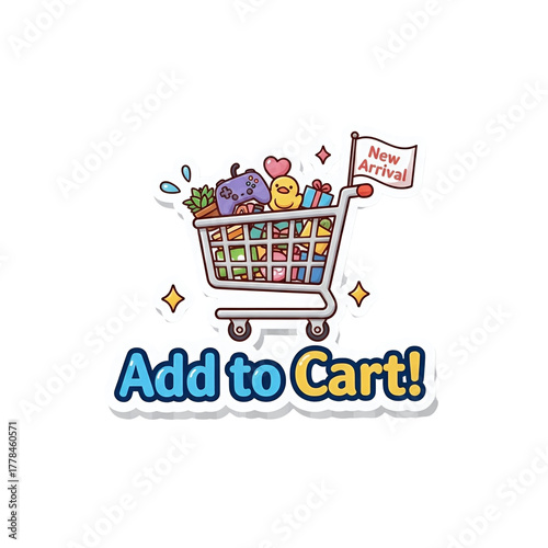 A cute cartoon shopping cart overflowing with various new arrival items and gifts, with the text 