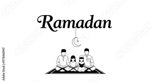 Ramadan mubarak with muslim family reading holy quran scripture