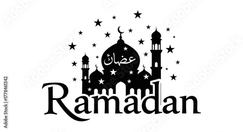 Ramadan kareem mosque silhouette with stars and moon greeting