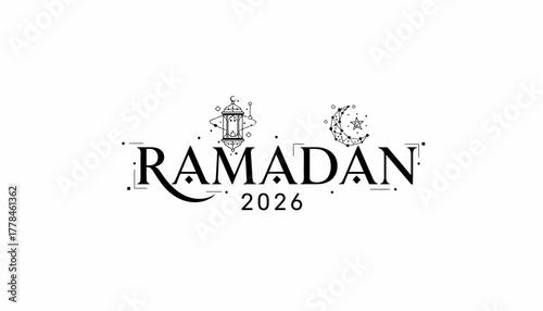 Ramadan 2026 elegant typography, geometric lantern, moon star