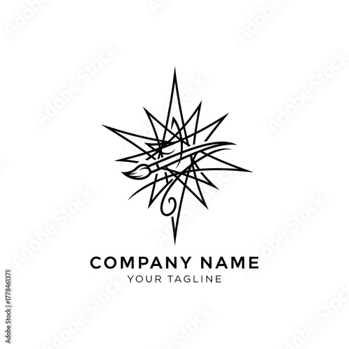 Abstract artistic starburst design with paint brush and swirl.