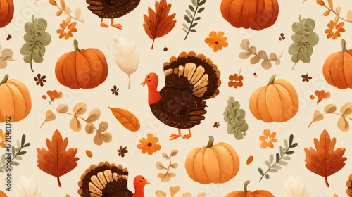 Flat vector Thanksgiving pattern, turkey, leaves, and pumpkins in warm orange tones