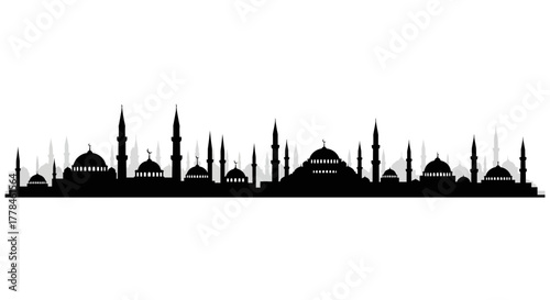 Islamic city skyline silhouette, mosques and minarets design