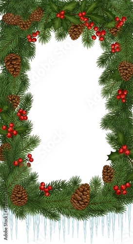 Wallpaper Mural A festive Christmas holiday border made of evergreen branches, pinecones, red holly berries, and icicles. Torontodigital.ca