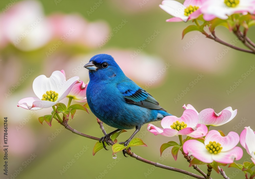 Fototapeta premium Vibrant indigo bunting perching among delicate pink and white dogwood blossoms.