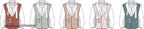 Men's formal waistcoat vector illustration set in multiple colorways. Technical flat drawing and fashion design template for tailored apparel