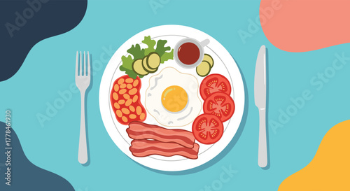 A vibrant, flat-design illustration of a classic English breakfast served on a white plate with a fork and knife on a blue background.