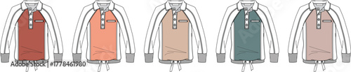 A versatile apparel design concept shown through a technical flat vector illustration set of a long-sleeve henley shirt in five different colorways