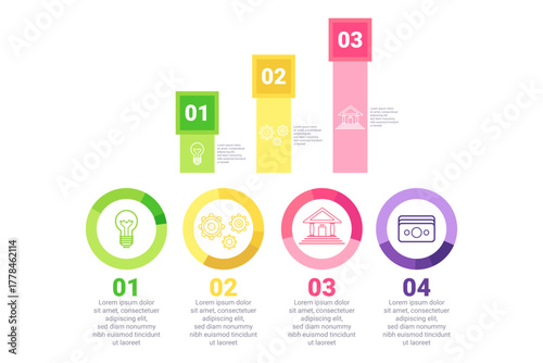 Colorful infographic illustrating sequential process with numbered segments and icons. Shapes representing ideas, settings, and actions visually