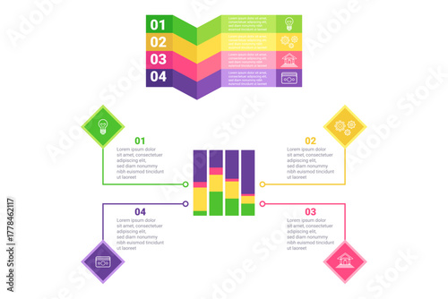Infographic set displaying clear process divided into steps. Each section outlining key ideas and community involvement related to achieving effective results