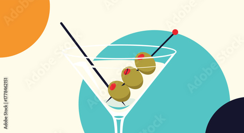A crisp, minimalist illustration of a classic martini cocktail with three green olives, set in a modern glass against an abstract background.