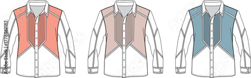 A set of men's long-sleeve Western shirt technical flat sketches, a classic apparel design template with multiple color options for fashion industry use