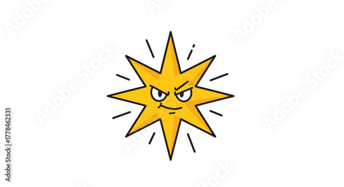 A bright yellow cartoon star with eight points, featuring an angry and grumpy facial expression, radiating lines, and outlined in black against a white background.