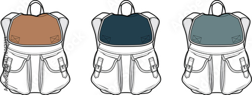 Clean vector line art illustration set featuring a classic backpack design in three distinct color variations, ideal for daily use, travel, or school accessories