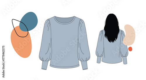 Light blue puff-sleeve top in front and back view illustrations, with abstract organic shapes.