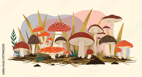 A whimsical illustration of a diverse cluster of colorful mushrooms and tall golden grass on a forest floor with abstract background shapes.