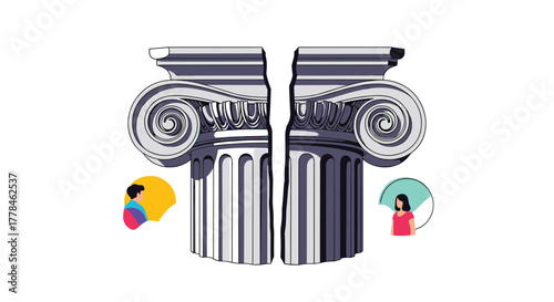A pair of classical Greek columns split down the center, featuring a man and a woman on opposing sides, representing separation or a broken structure.