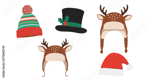 A vibrant collection of various festive and cozy winter hats, including Santa, reindeer, a top hat, and a striped beanie, isolated on white.