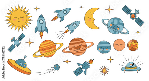 Adorable vector illustration set featuring cute cartoon space objects including planets, rockets, sun, moon, and satellites with friendly faces.