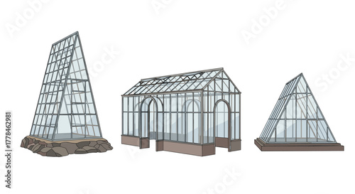 Three different modern glass greenhouse designs, including a tall A-frame, a classic gable-roof structure, and a compact pyramid style, for horticulture.