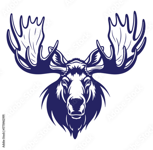Majestic blue moose head silhouette with huge antlers on white background design