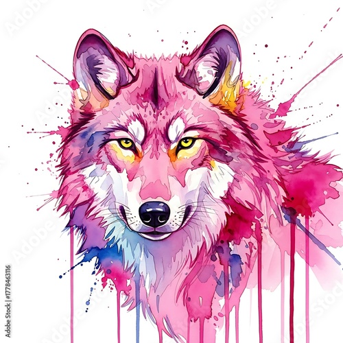 Watercolor Wolf Portrait - Vibrant Pink and Yellow Animal Art.