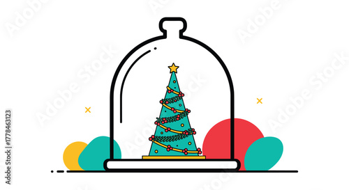 A festive Christmas tree displayed inside a glass cloche with a star on top, surrounded by colorful abstract shapes on a white background.