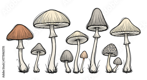 A collection of hand-drawn wild mushrooms in various shapes, sizes, and muted colors, depicted in a vintage sketch style on white.