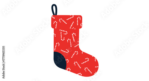 A cheerful red Christmas stocking with a playful candy cane pattern and dark blue accents, perfect for holiday season decorations.