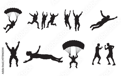 silhouette of a man with parachute and jumping