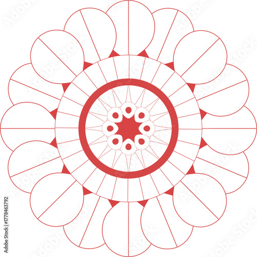 Geometric Red and White Mandala Design with Circular and Triangular Elements Ideal for Backgrounds and Decorative Purposes representing Harmony and Balance