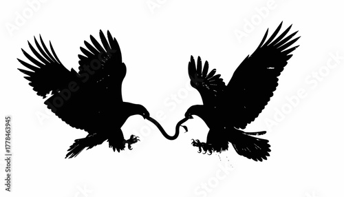 Silhouetted illustration of two birds of prey fighting over a snake. Black shapes on white background