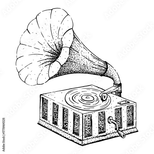 Graphic illustration of an antique gramophone.
Hand-drawn vector illustration in black and white.