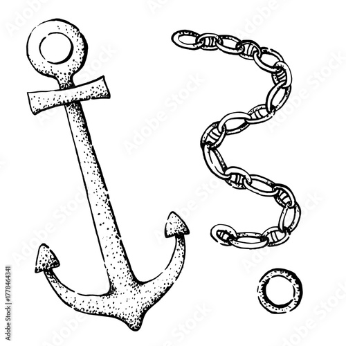 A graphic illustration of a nautical anchor and chain set. This black and white vector drawing is perfect for a children's coloring book.