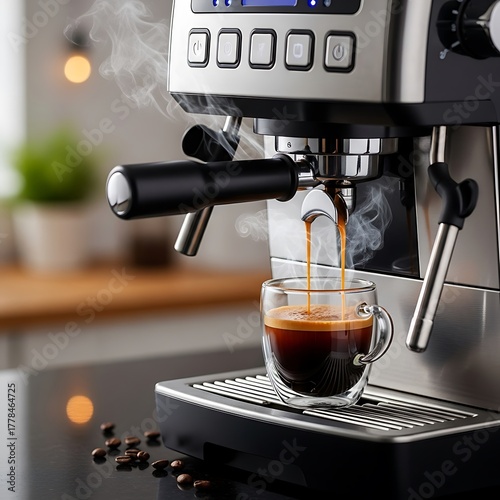 Espresso Machine Brewing Rich Coffee into Glass Cup.