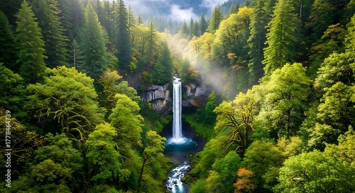 Majestic Waterfall Cascading Through Lush Green Forest Landscape.