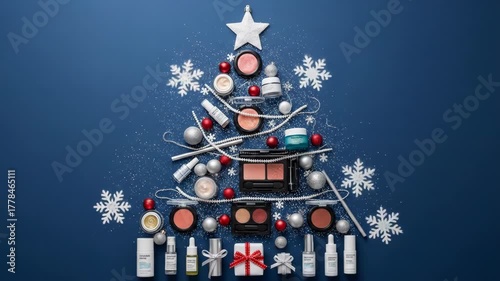 A festive makeup display arranged in a Christmas tree shape, with silver and red accents