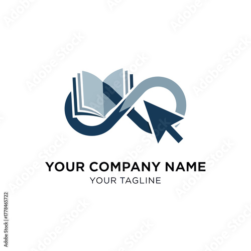 Educational infinity loop logo with book and cursor, representing online learning.