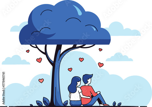 A couple under a big blue tree, surrounded by hearts and clouds, symbolizing love and romance in a beautiful illustration