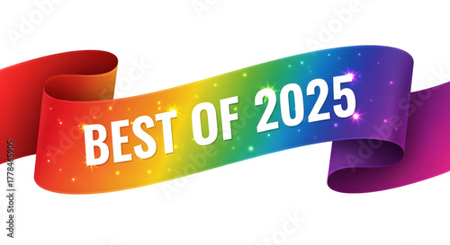 Rainbow ribbon best of 2025 banner with sparkling stars on transparent background