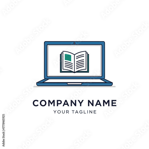 Laptop displaying an open book logo for company name and tagline.