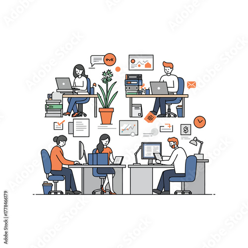 Busy Office with Workers at Desks Modern Vector Illustration