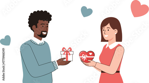 An illustration depicting a joyful diverse couple exchanging thoughtful gifts, symbolizing love, connection, and celebration with floating hearts